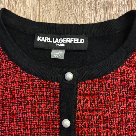 Karl Lagerfeld Red and Black Cropped Cardigan Sweater - Picture 3 of 6